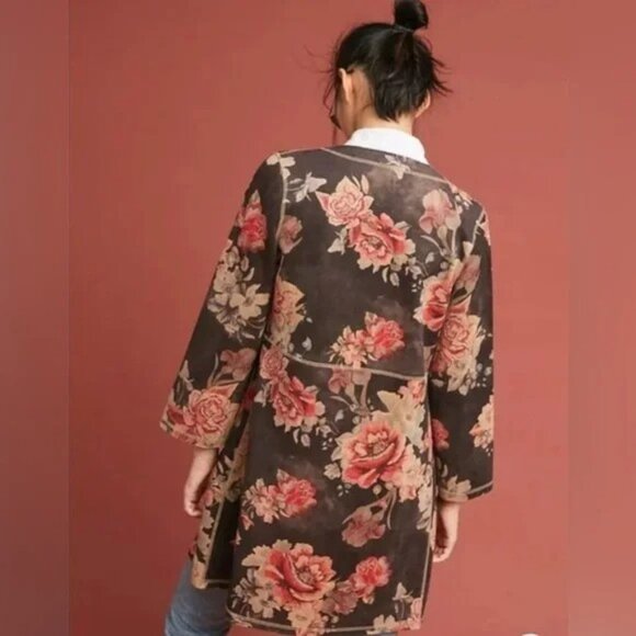 Catherine Malandrino Floral Faux Suede Long Open Front Jacket S - Picture 3 of 7